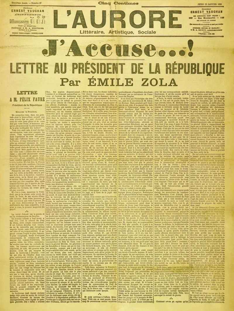 Émile ZOLA — La « une » de l'Aurore : J'Accuse…!