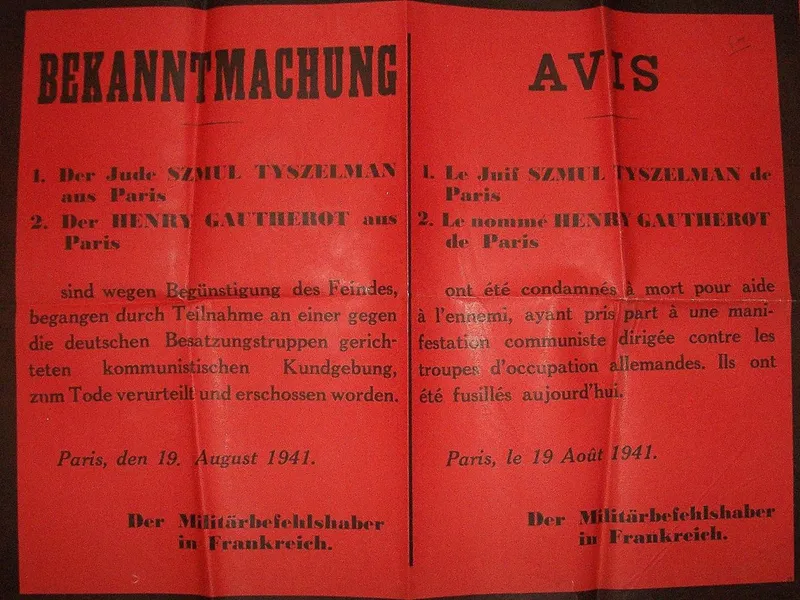 TYSZELMAN Samuel — L'avis de son exécution par les nazis avec Henri GAUTHEROT