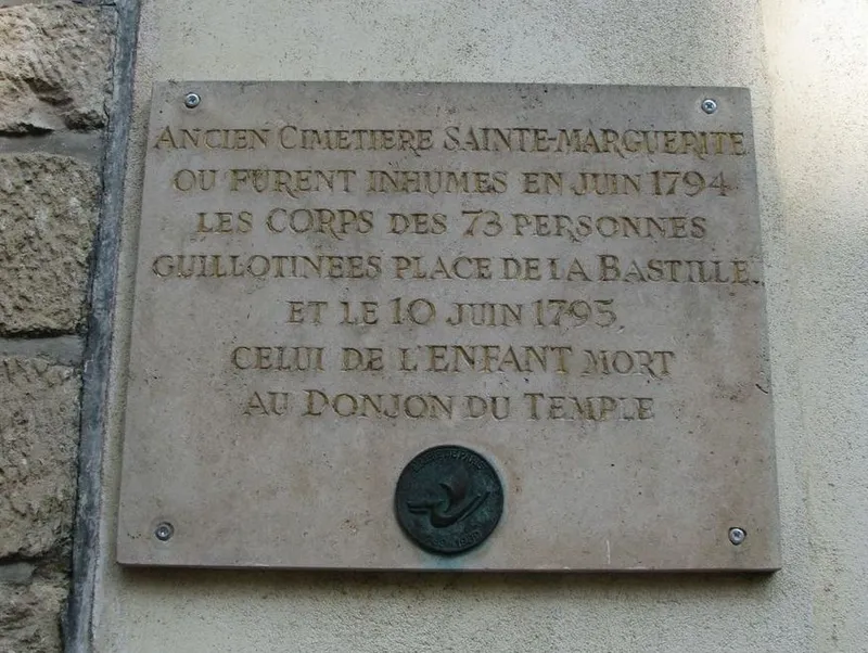 Plaque indiquant le cimetière — inscription mentionnant l'inhumation de victimes de la guillotine