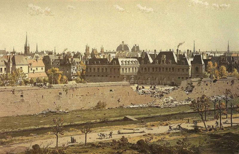 Le Palais Cardinal en 1634, lors de sa construction. Démolition de l'enceinte de Charles V, par Hoffbauer