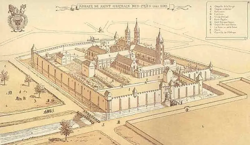 Plan de l’abbaye en 1520 — au premier plan, la Noue ou Petite Seine