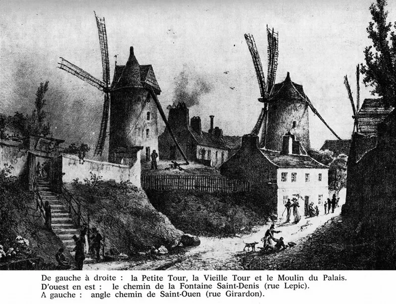 Les moulins de Montmartre le long de la rue Lepic