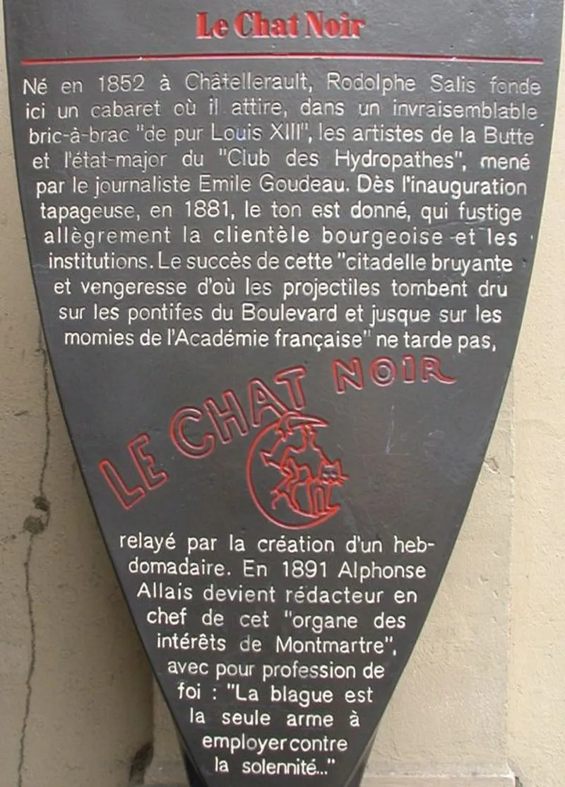 L'affiche du Chat Noir et un panneau à l'emplacement de son 1er établissement