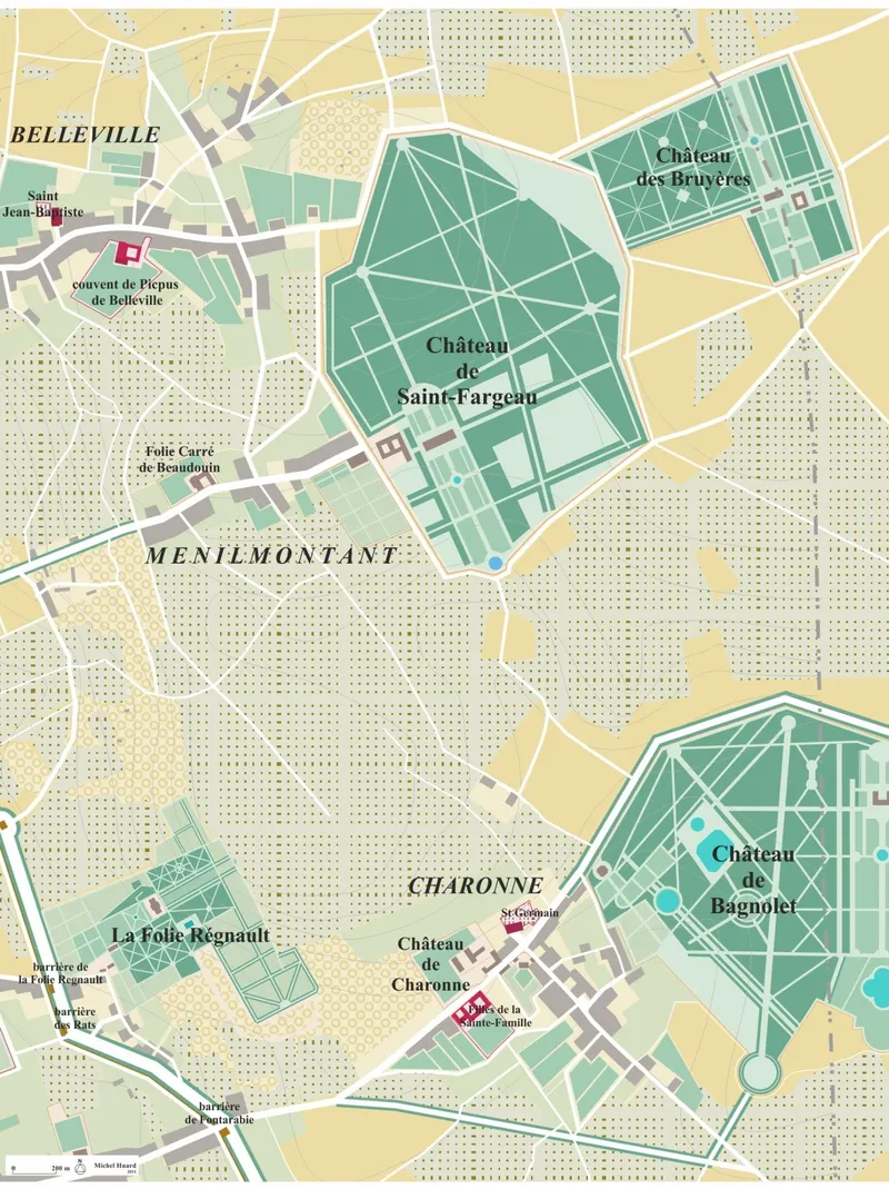 Plaque indiquant le point culminant de Paris — plan des châteaux de Saint-Fargeau et de Bagnolet