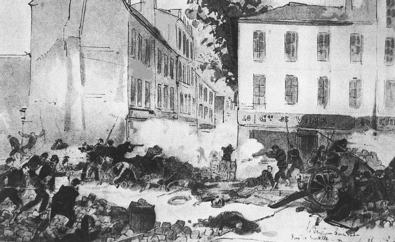 La « dernière » barricade de la Commune, à l'angle des rues Ramponeau et de Tourtille