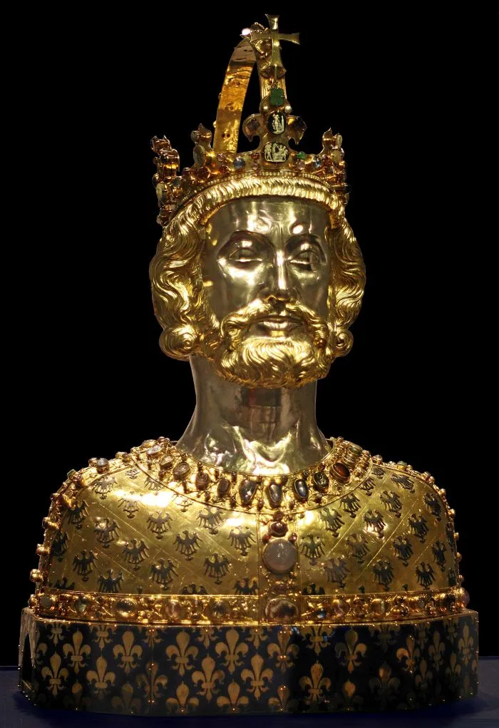 Charlemagne recevant d'Alcuin des manuscrits copiés par des moines à Aix-la-Chapelle