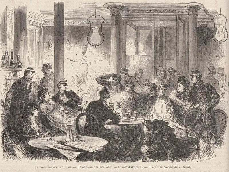Emplacement du café d'Harcourt aujourd'hui — frappé par un obus pendant le siège de Paris en 1870